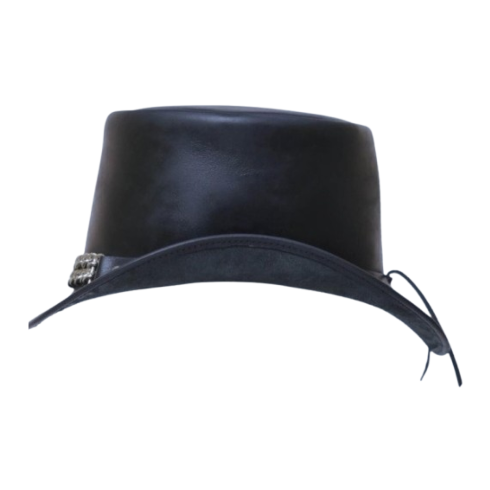 Steampunk-inspired black leather top hat with stylish chain band