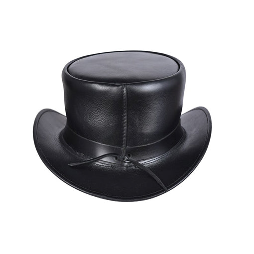 Steampunk-inspired black leather top hat with vintage flair.
