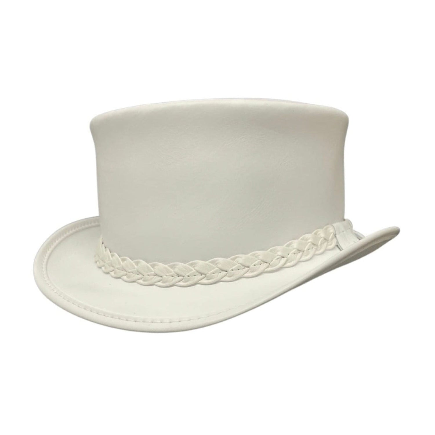 Steampunk-inspired leather top hat with cowhide accents
