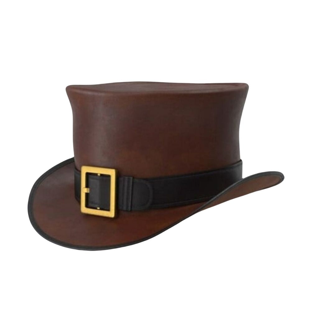 Steampunk Brown Leather Top Hat with Belt Buckle.
