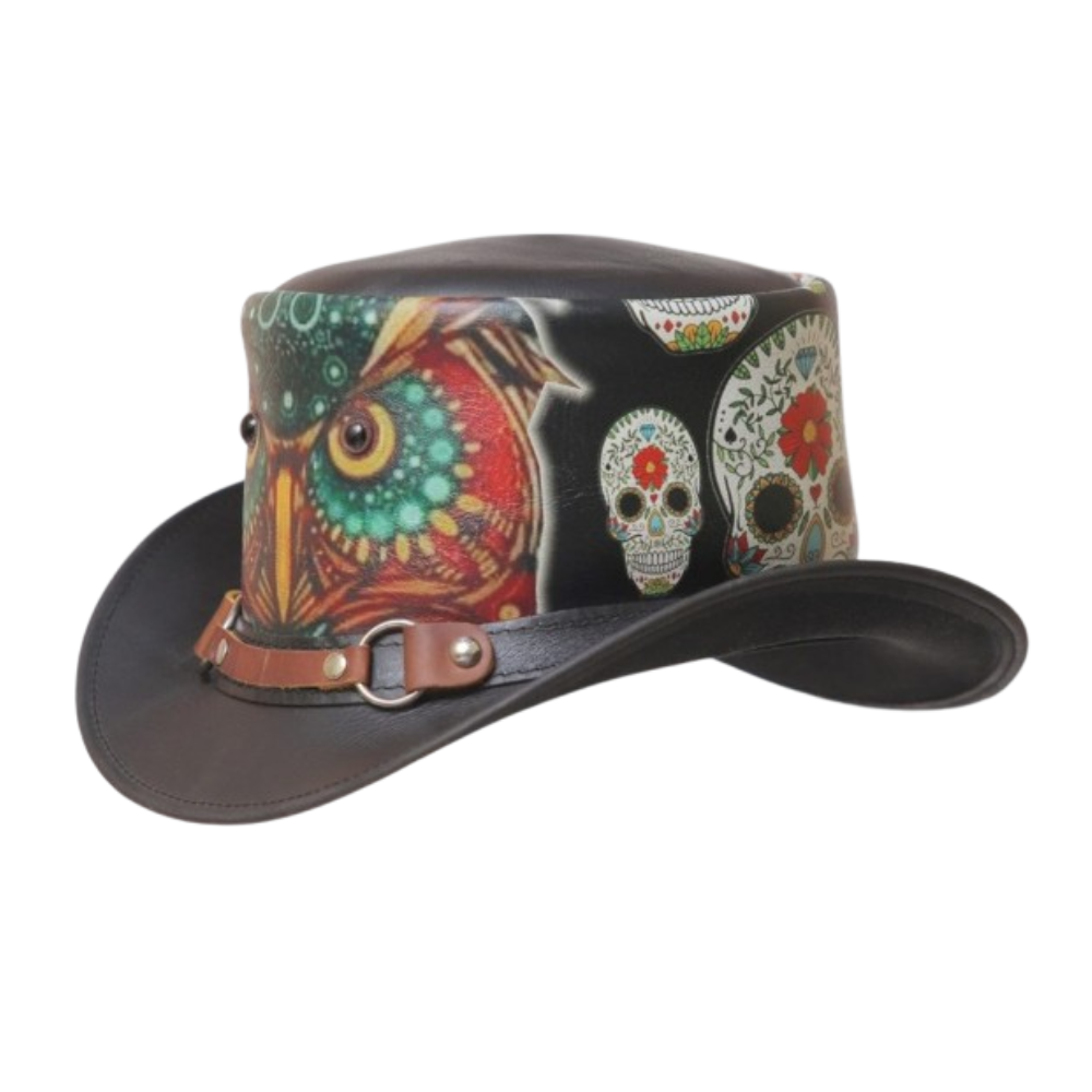 Steampunk Gothic Top Hat, Black Leather, Owl Ring