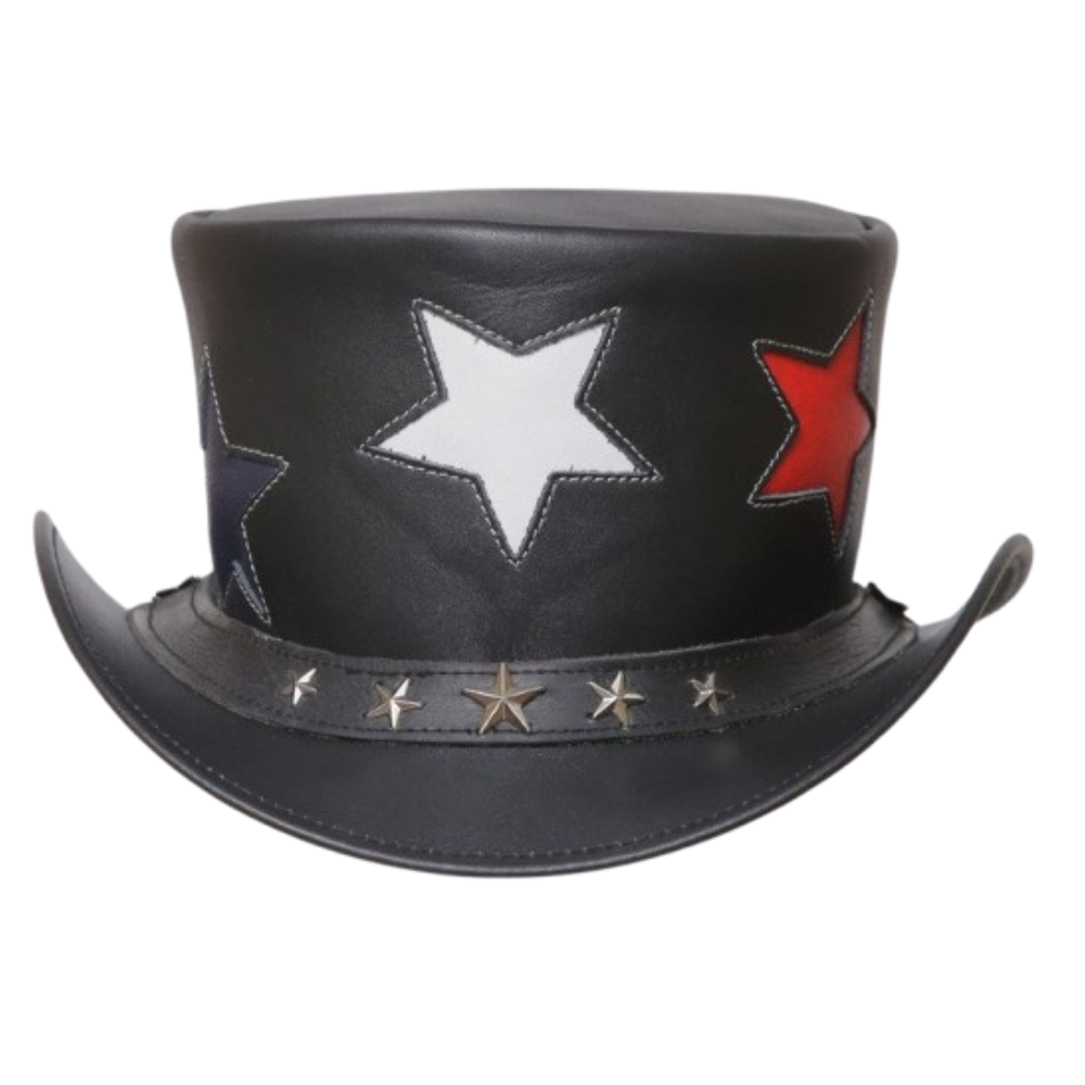Steampunk Gothic Top Hat, Black Leather, Star-Shaped Band