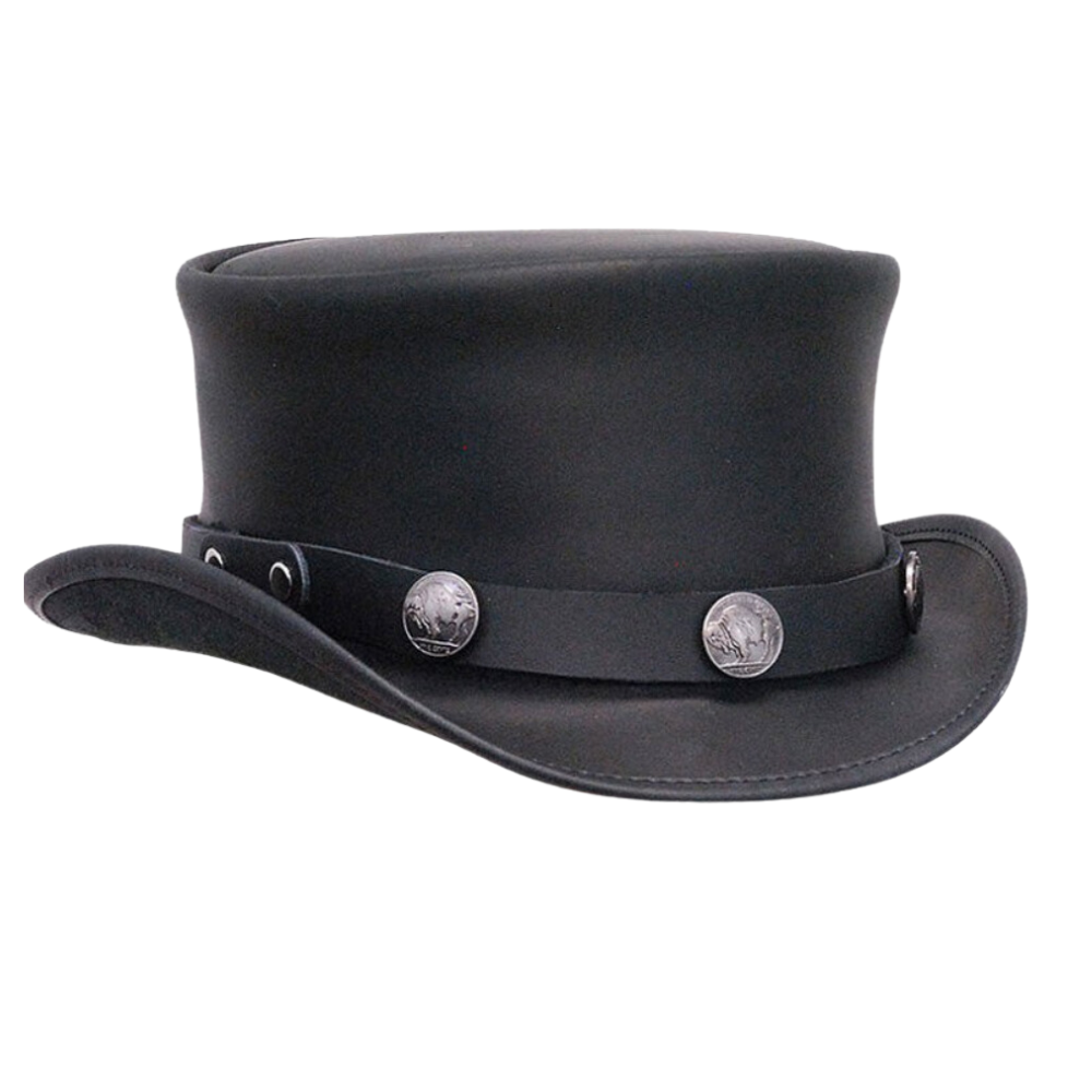 Steampunk Leather Top Hat from Australia – Buffalo Nickels Color Detail
