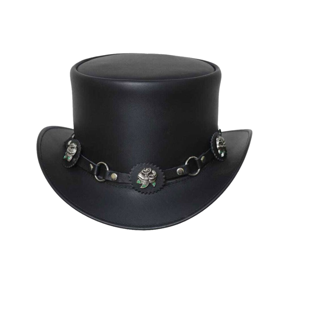 Steampunk black leather top hat with a rose band design
