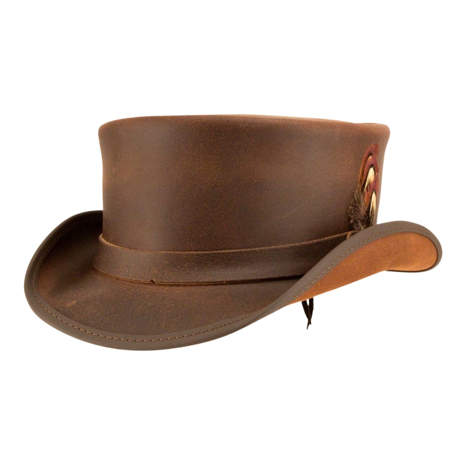Steampunk brown leather top hat with silver feather detail.





