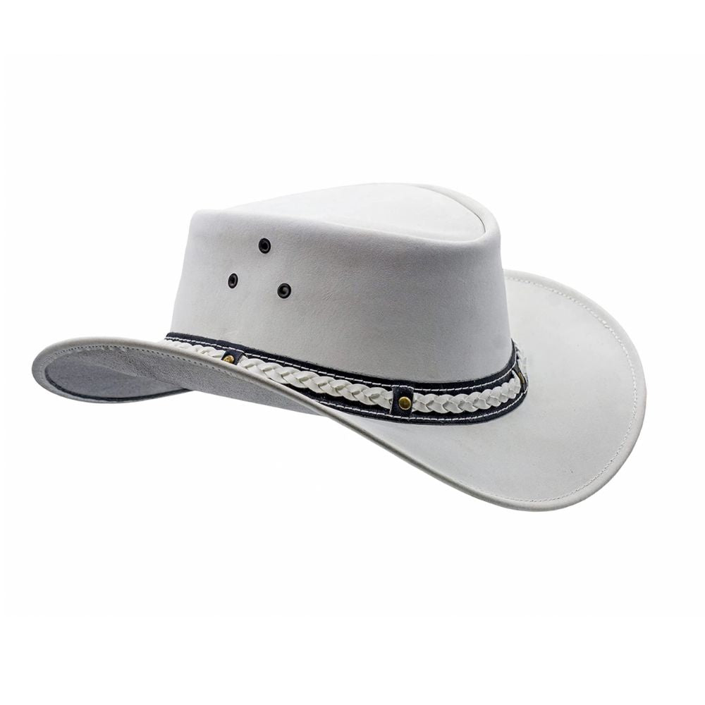 Sturdy ranch-style leather hat with a wide brim.
