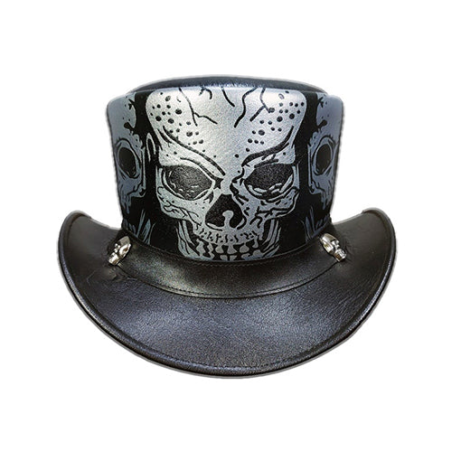 Stylish Black Leather Top Hat Featuring a Detailed Skull Design

