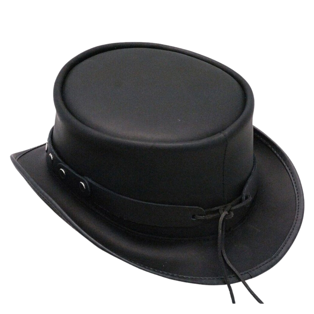 Stylish Black Leather Top Hat Featuring a Rivet-Trimmed Band

