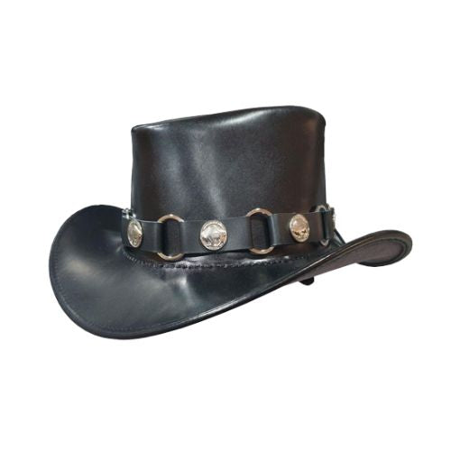 Stylish black leather cowboy hat with buffalo concho detailing, perfect for western fashion.