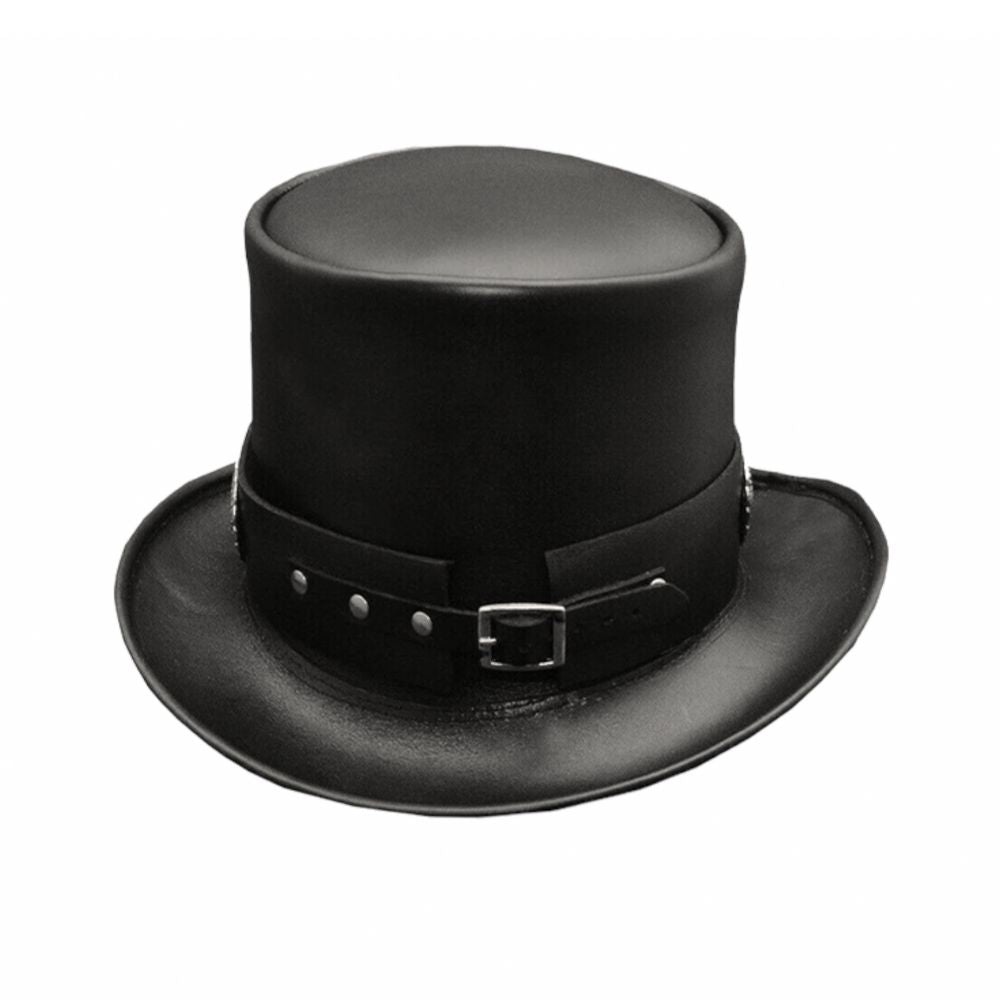 Stylish black leather top hat featuring a concho band, made by hand.





