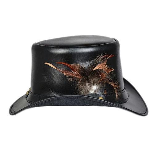 Stylish black leather top hat for a bold steampunk look.
