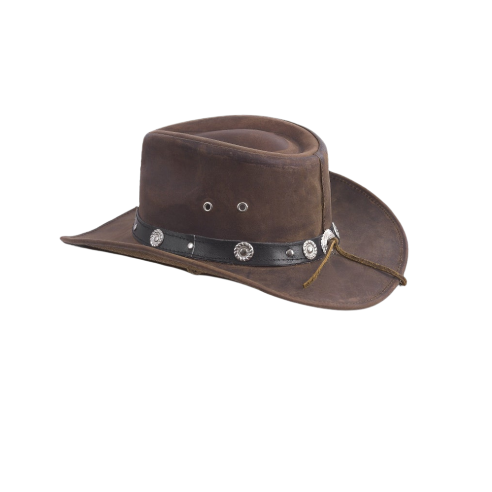 Stylish brown leather cowboy hat featuring an iron cross band.
