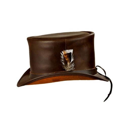 Stylish buffalo leather top hat with feather accent
