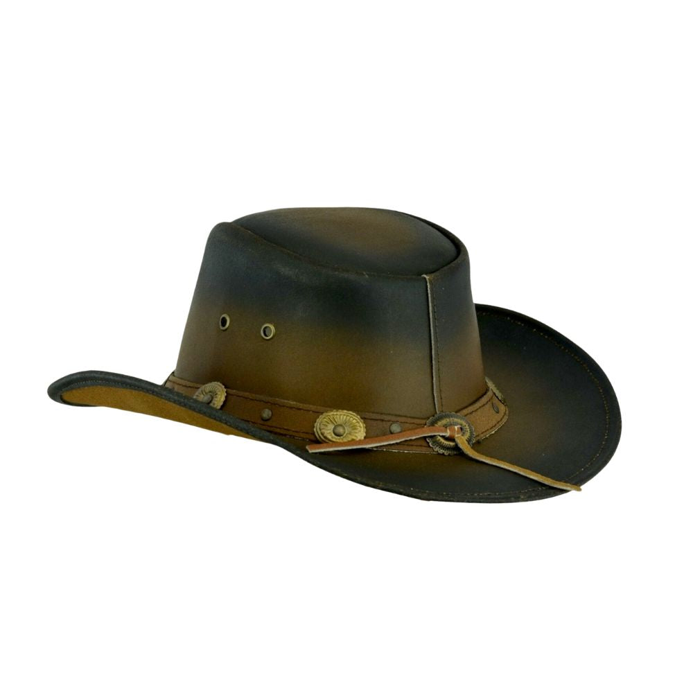 Stylish leather cowboy hat with a sleek, polished finish.
