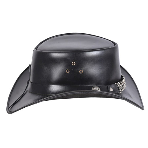 Stylish men's cowboy hat featuring a metal chain.

