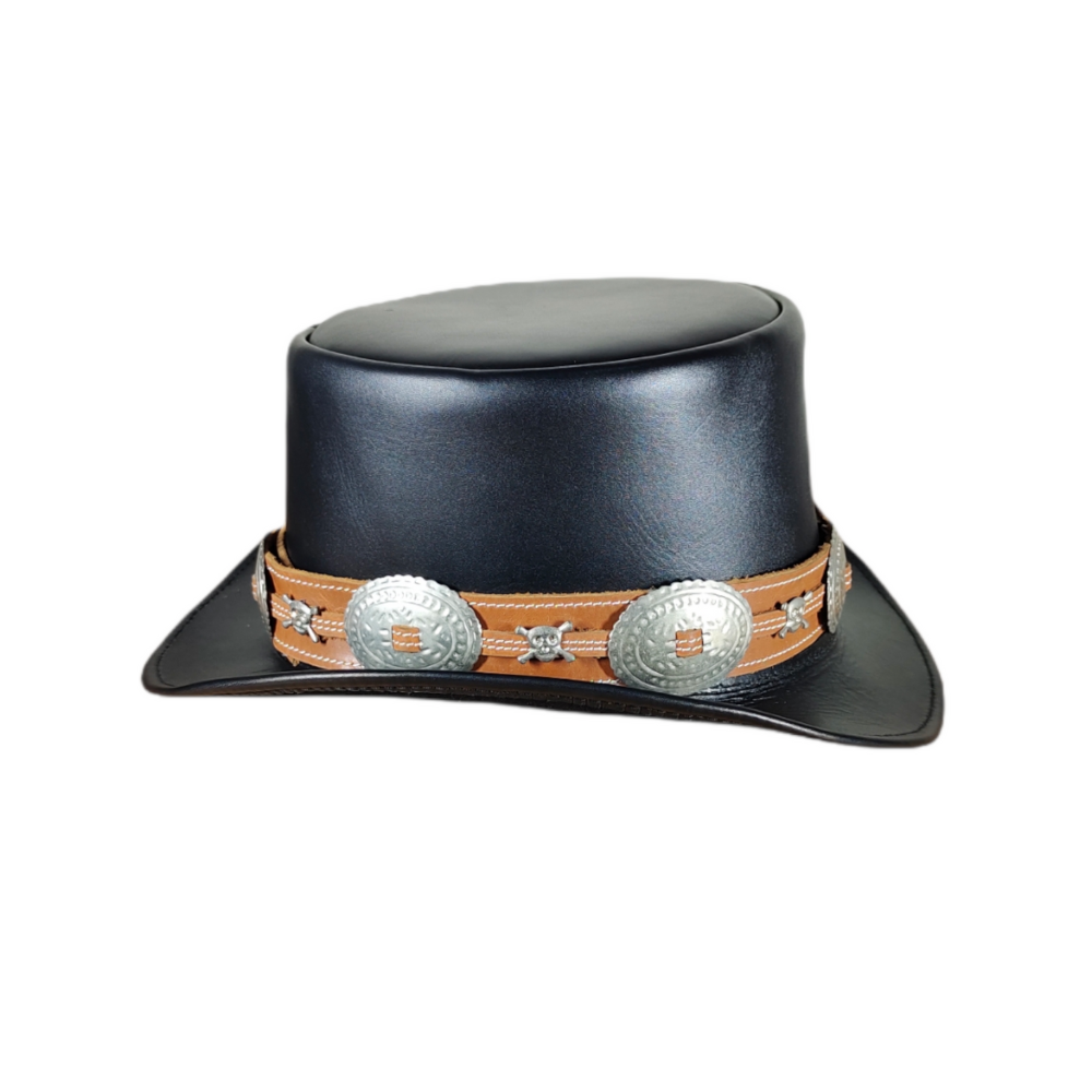 Tan leather top hat featuring black concho decorations





