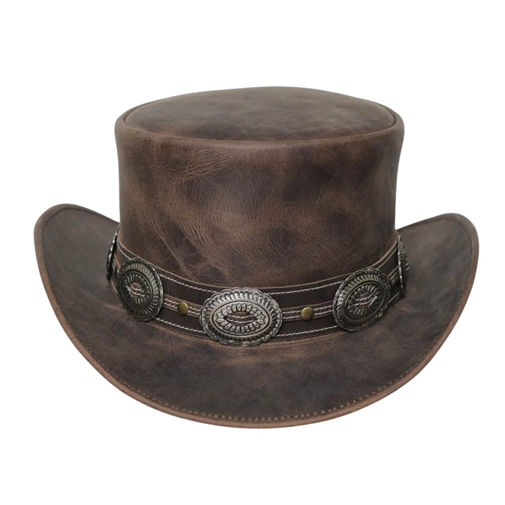 Unique Brown Leather Top Hat with Pale Rider Conchos.