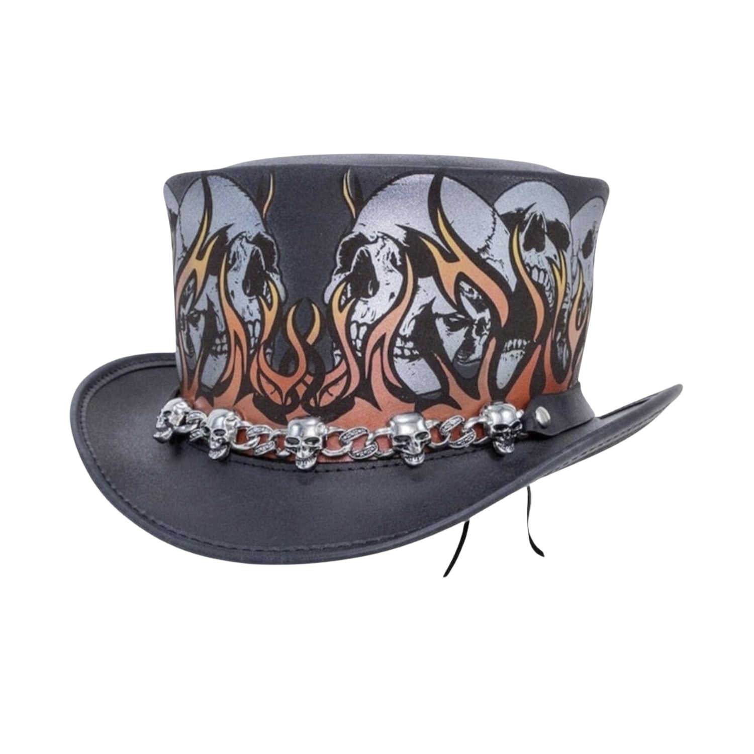 Unique skull design on leather top hat with fire accents
