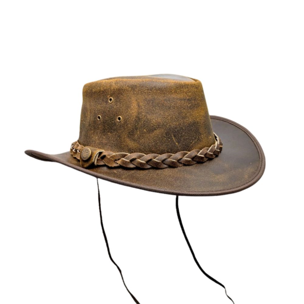 Unisex western-style brown leather hat with braided detail.
