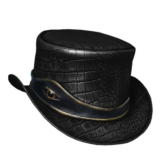 Victorian-inspired black leather top hat with eye band and crocodile texture.