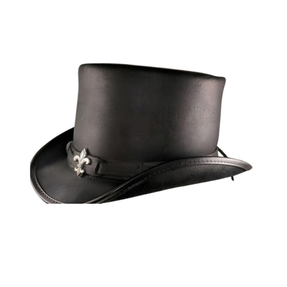 Victorian-style black leather top hat with Fleur band.





