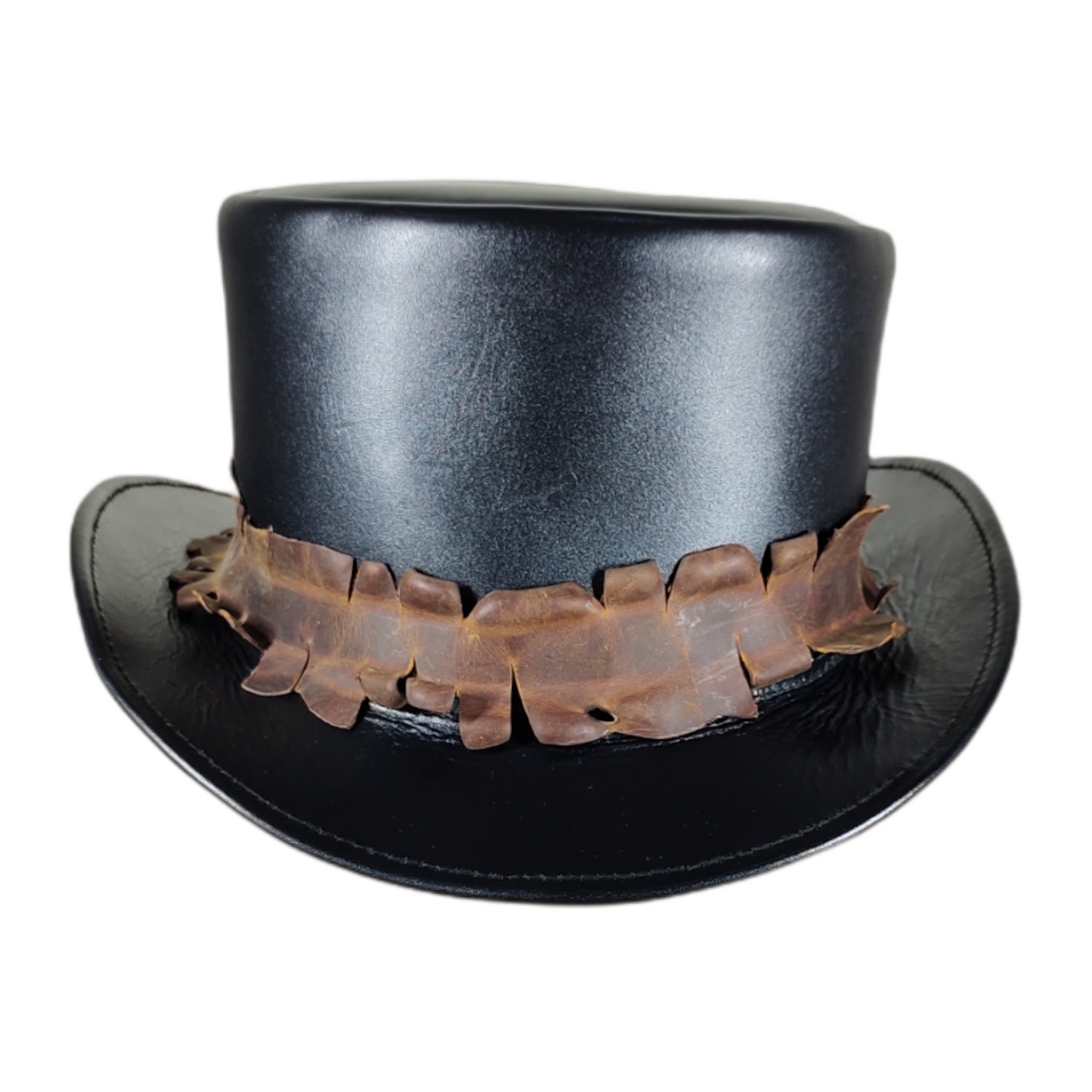 Victorian-style leather top hat with brown trim
