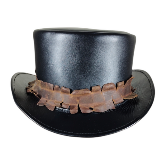 Victorian-style leather top hat with brown trim
