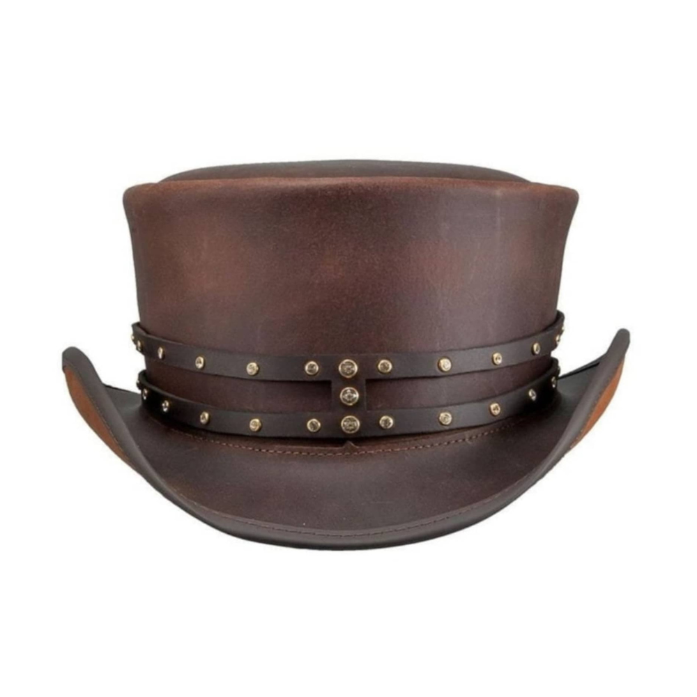 Victorian Brown Leather Top Hat with Rivet Detail – Gothic Steampunk.
