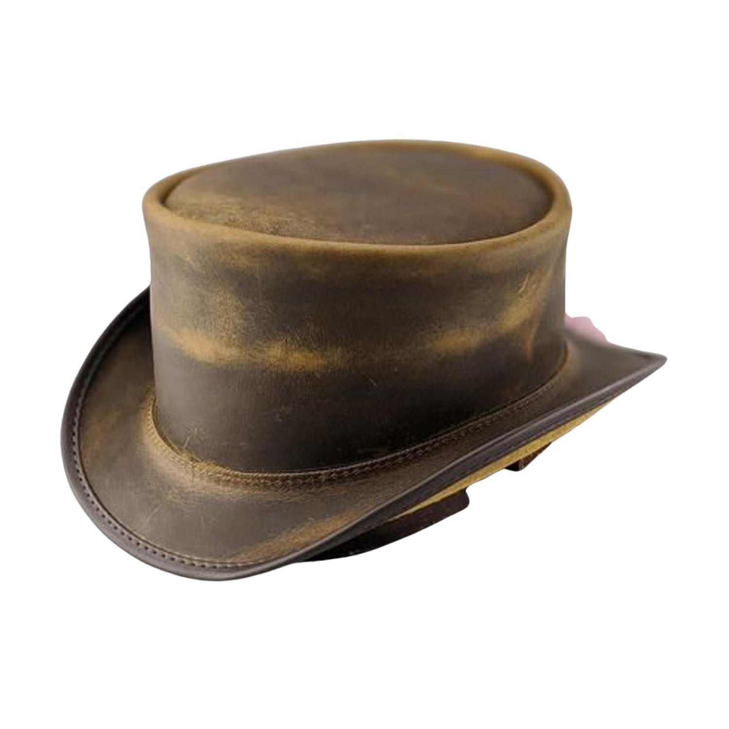 Vintage handcrafted brown leather top hat with Gothic flair
