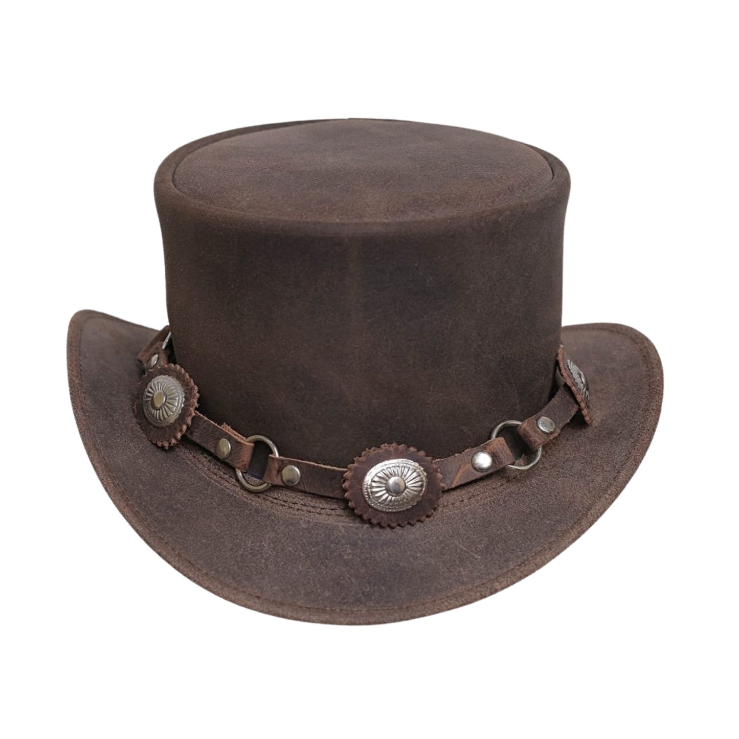 Vintage style distressed leather top hat with conchus band
