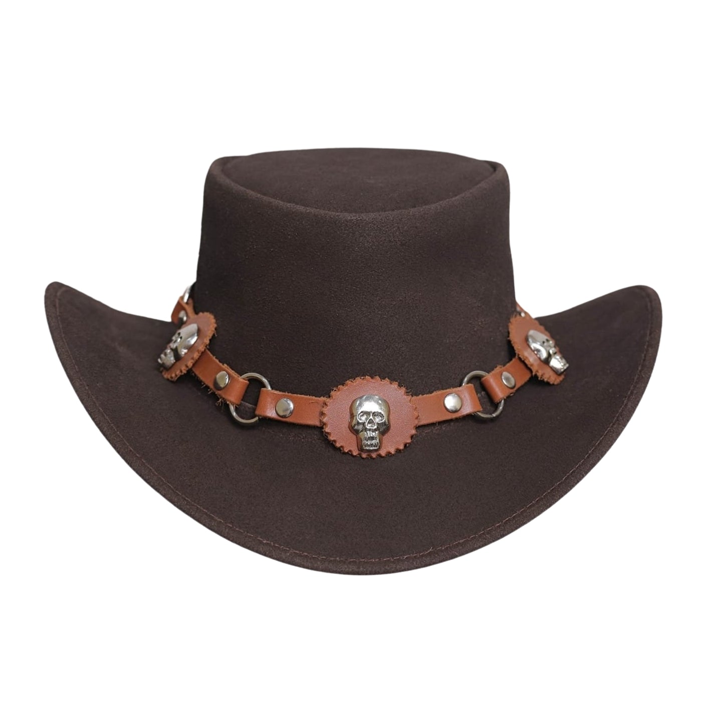 Western Brown Suede Leather Hat - Skull Style Band for Rodeo Look





