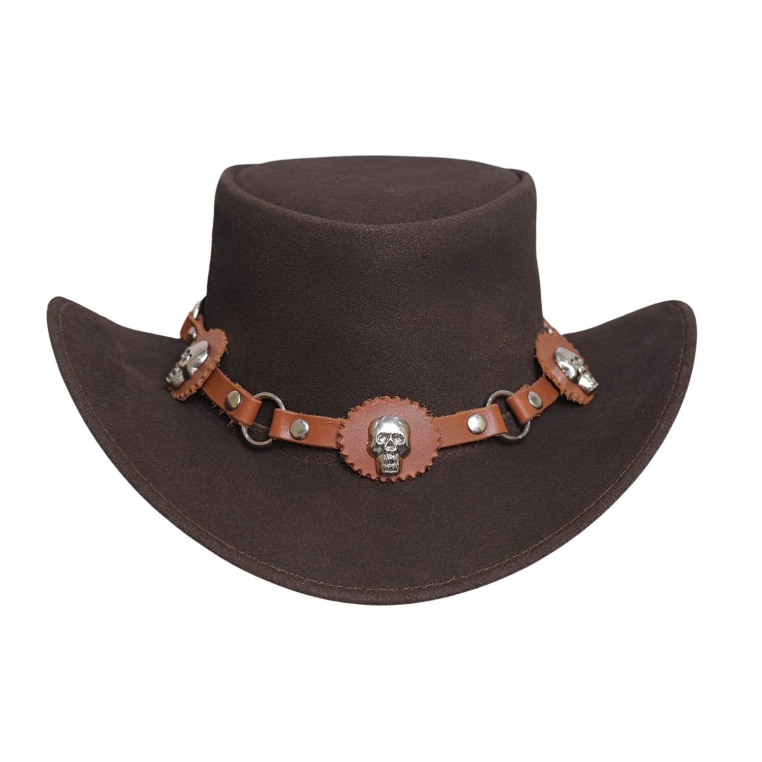 Western Brown Suede Leather Hat - Skull Style Band for Rodeo Look






