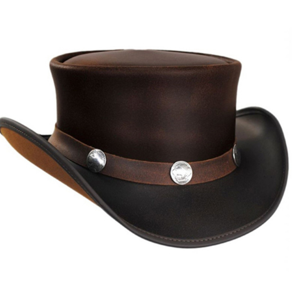 Western leather top hat with bull band and wide brim
