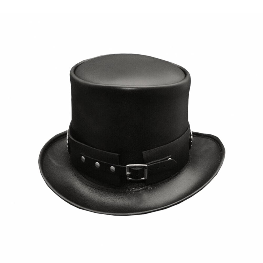 Western luxury black leather top hat with decorative concho band.





