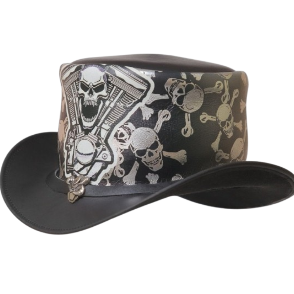 black leather top hat with skull and biker-style band