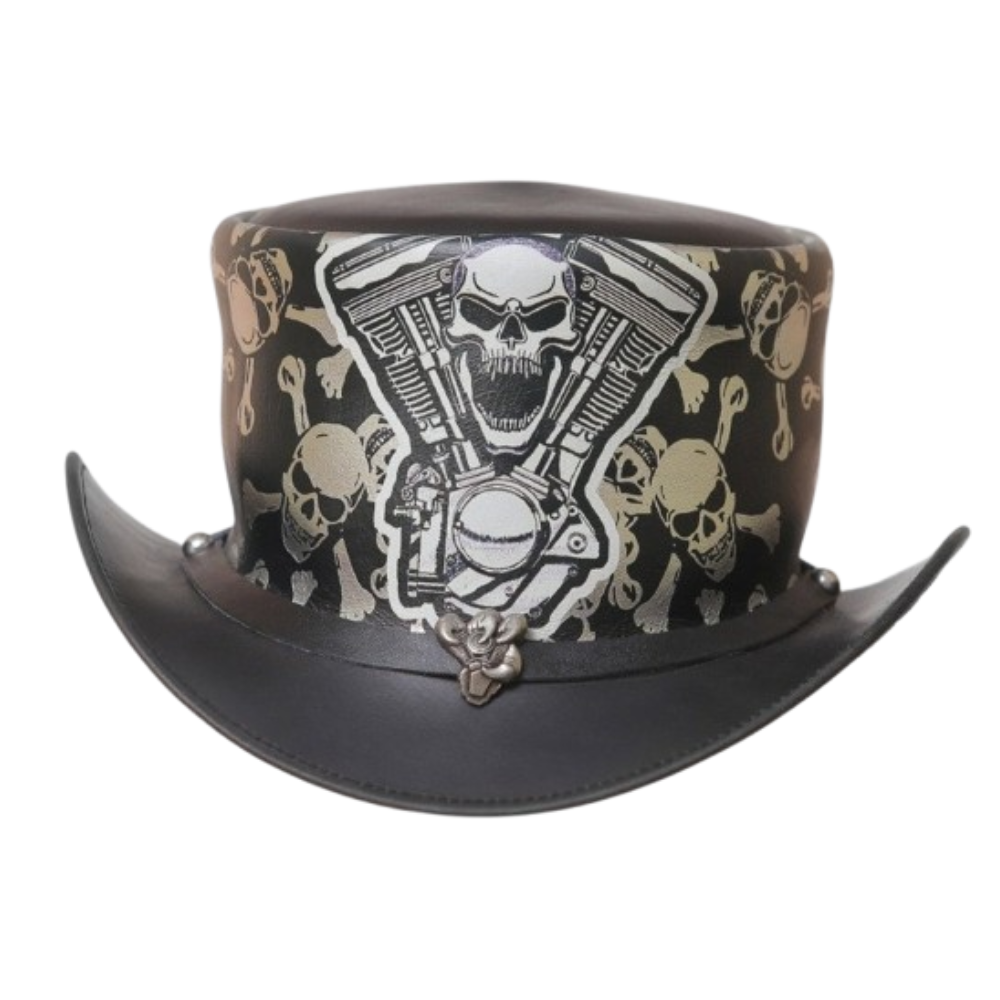 gothic leather top hat, biker style, skull detail