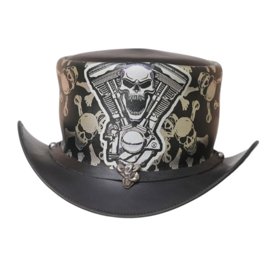 gothic leather top hat, biker style, skull detail