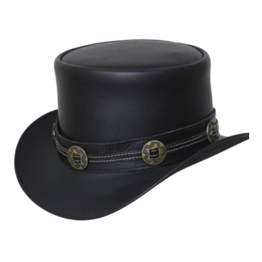 handcrafted black leather Gothic hat featuring a conchos style band for a unique design