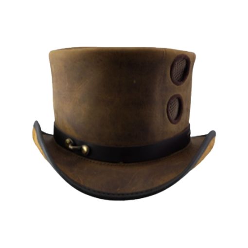 Steampunk brown leather top hat with vintage design and brass accents.

